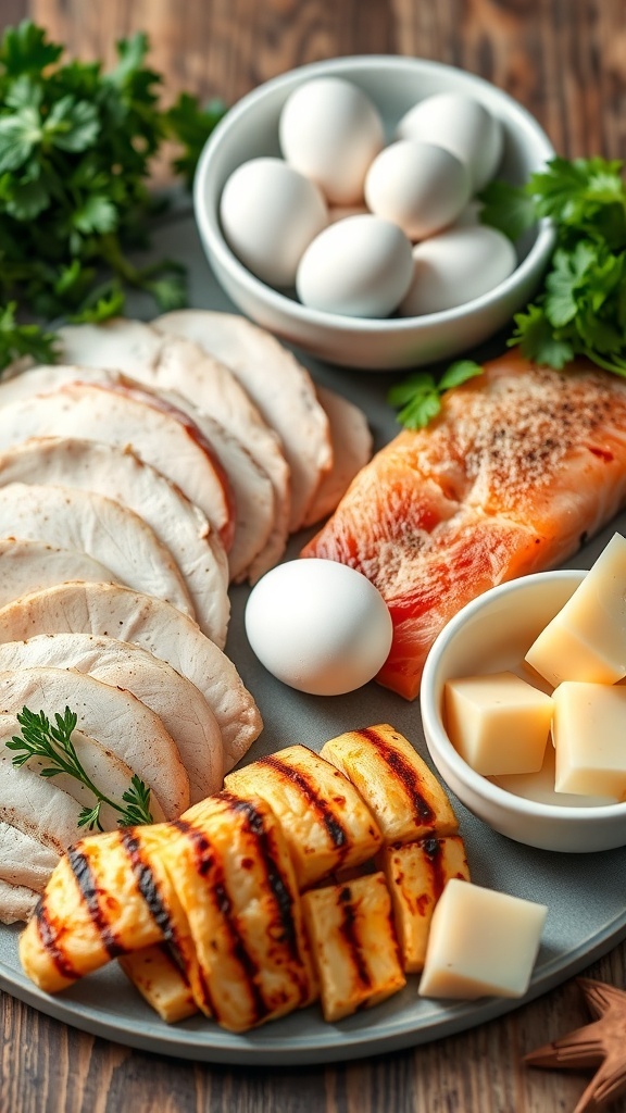 Zero Carb Foods List An assortment of zero carb foods including chicken, salmon, eggs, and cheese on a wooden table.